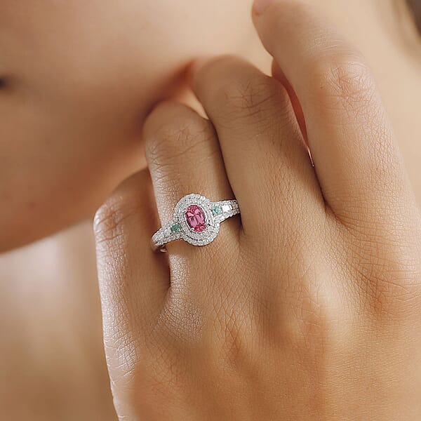 Shop Lc Luxoro AAA Mahenge Spinel Boyaca Colombian Emerald And G-H I2 Diamond 1.00 Ctw Radiant Rose Ring In 10K White Gold