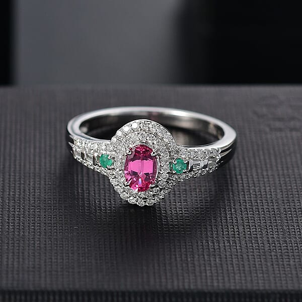 Shop Lc Luxoro AAA Mahenge Spinel Boyaca Colombian Emerald And G-H I2 Diamond 1.00 Ctw Radiant Rose Ring In 10K White Gold