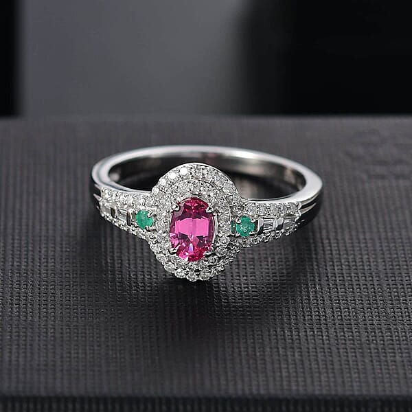 Shop Lc Luxoro AAA Mahenge Spinel Boyaca Colombian Emerald And G-H I2 Diamond 1.00 Ctw Radiant Rose Ring In 10K White Gold