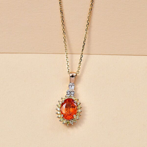 Shop Lc Luxoro AAA Mandarin Garnet Natural Yellow And White Diamond 1.85 Ctw Sunburst Pendant Necklace In 14K Yellow Gold 18 Inches