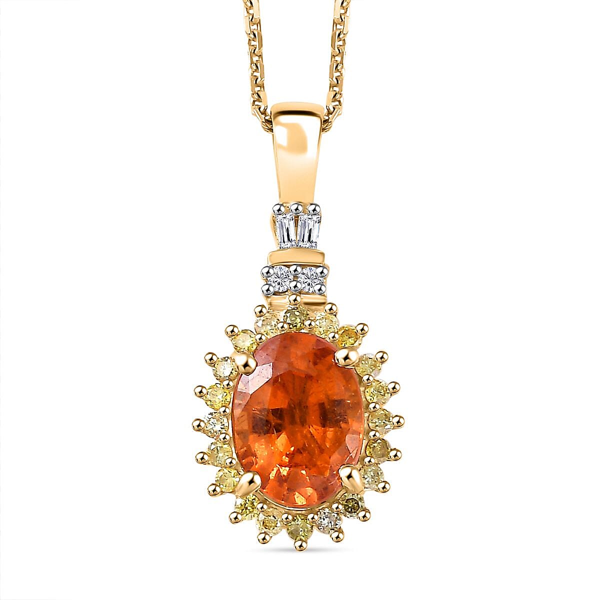 shop lc Luxoro AAA Mandarin Garnet Natural Yellow and White Diamond 1.85 ctw Sunburst Pendant Necklace in 14K Yellow Gold 18 Inches
