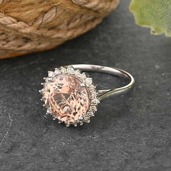Shop Lc Luxoro AAA Marropino Morganite And G-H I2 Diamond 5.00 Ctw Ring In 14K White Gold 5.00 Ctw