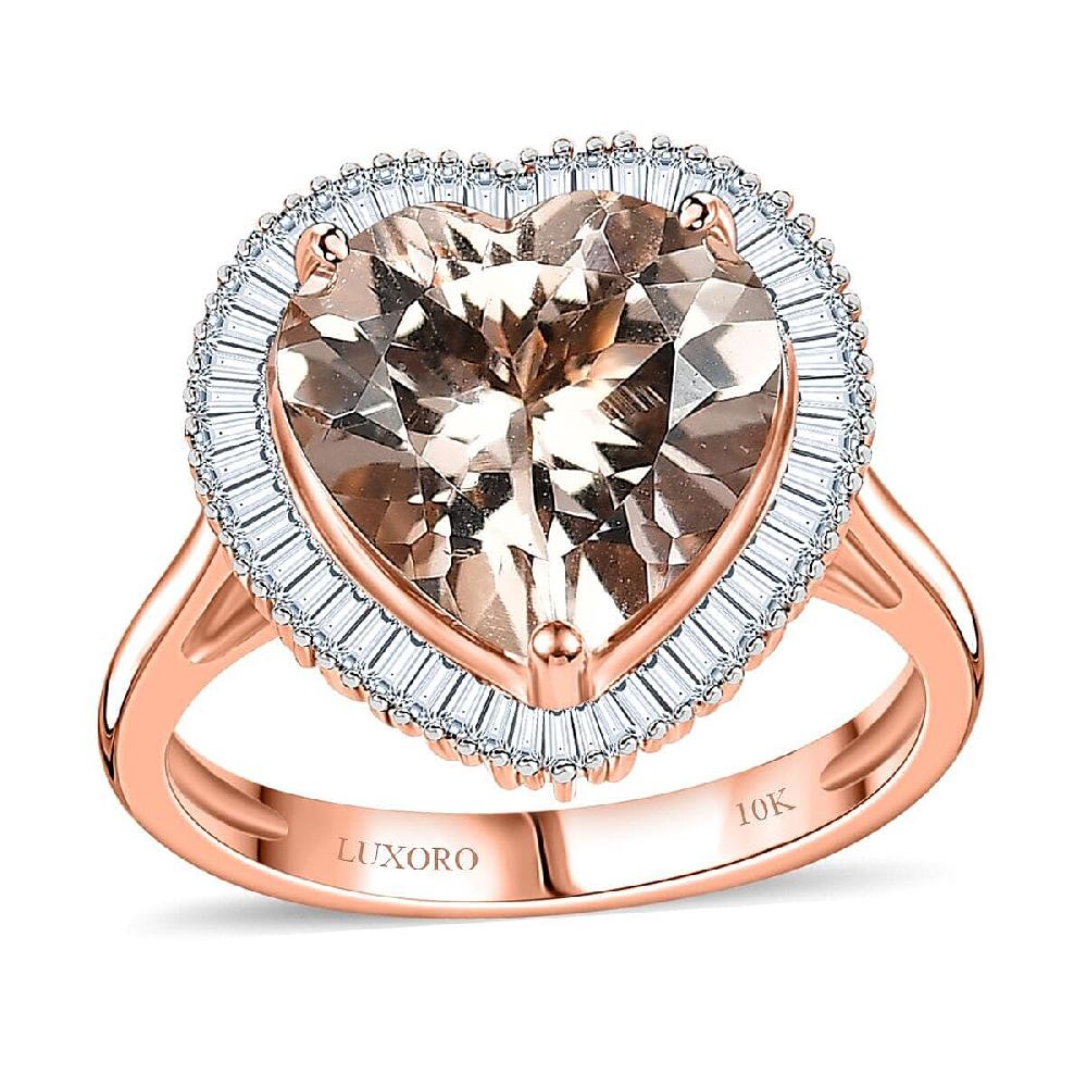 shop lc Luxoro AAA Marropino Morganite Diamond G-H I2 3.33 ctw Heart Ring in 10K Rose Gold (Size 7.5)