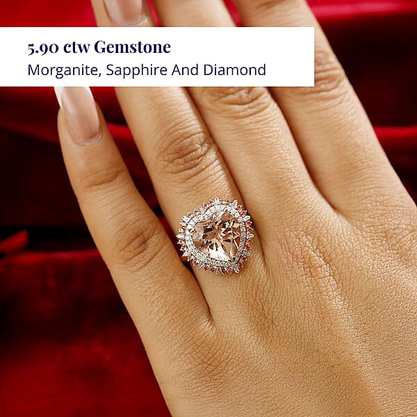 Shop Lc Luxoro AAA Marropino Morganite Padparadscha Sapphire And Diamond I2 5.90 Ctw Radiant Heart Ring In 14K Rose Gold (Size 6.0)