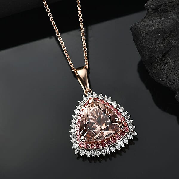 Shop Lc Luxoro AAA Marropino Morganite Padparadscha Sapphire (BT) And Diamond (I2) 6.25 Ctw Pendant Necklace In 14K Rose Gold 20 Inches 5.80 Grams