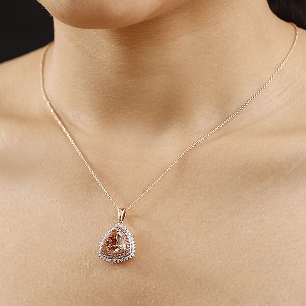 Shop Lc Luxoro AAA Marropino Morganite Padparadscha Sapphire (BT) And Diamond (I2) 6.25 Ctw Pendant Necklace In 14K Rose Gold 20 Inches 5.80 Grams
