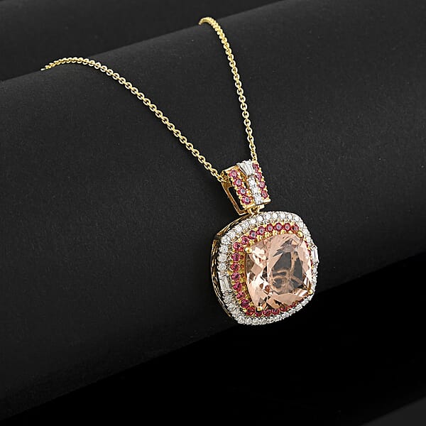 Shop Lc Luxoro AAA Marropino Morganite Padparadscha Sapphire And White Diamond I2 7.70 Ctw Pendant Necklace In 14K Yellow Gold 20 Inches