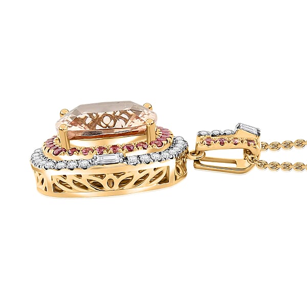 Shop Lc Luxoro AAA Marropino Morganite Padparadscha Sapphire And White Diamond I2 7.70 Ctw Pendant Necklace In 14K Yellow Gold 20 Inches