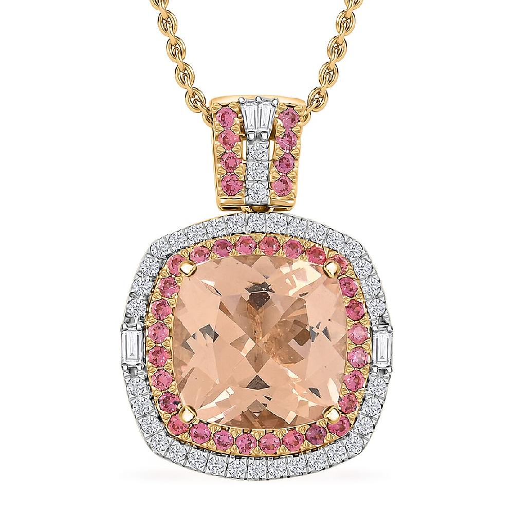 shop lc Luxoro AAA Marropino Morganite Padparadscha Sapphire and White Diamond I2 7.70 ctw Pendant Necklace in 14K Yellow Gold 20 Inches