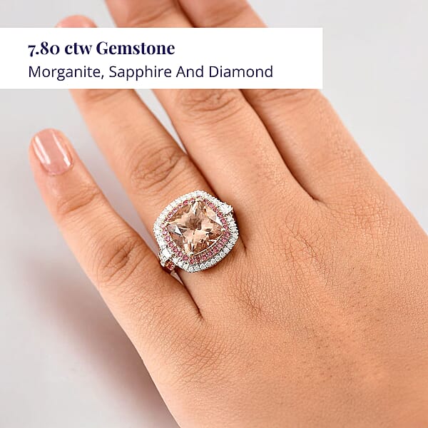 Shop Lc Luxoro AAA Marropino Morganite Padparadscha Sapphire And White Diamond I2 7.80 Ctw Classic Halo Ring In 14K Yellow Gold