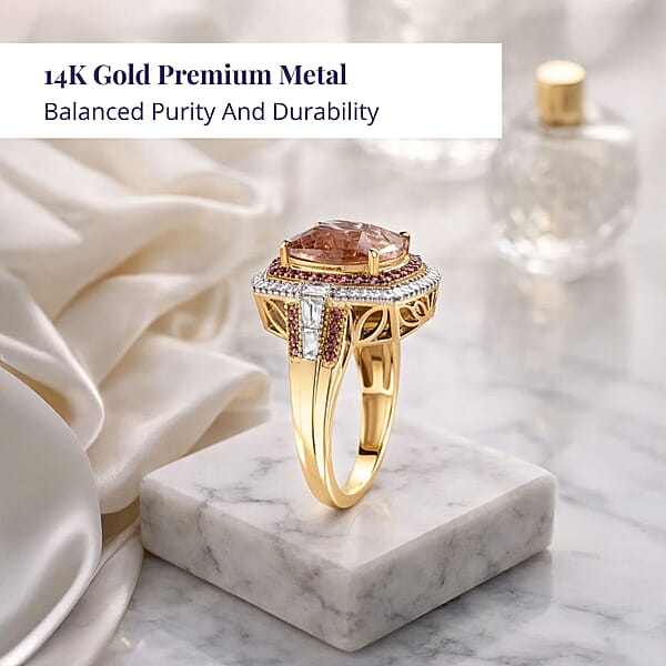 Shop Lc Luxoro AAA Marropino Morganite Padparadscha Sapphire And White Diamond I2 7.80 Ctw Classic Halo Ring In 14K Yellow Gold