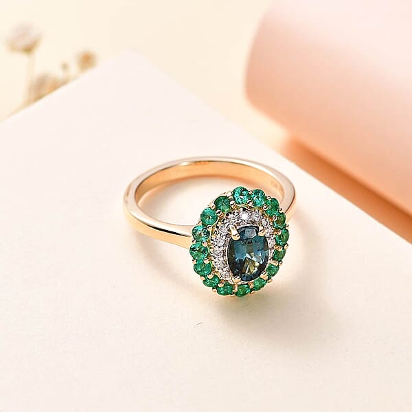 Shop Lc Luxoro AAA Monte Belo Indicolite Boyaca Colombian Emerald And G-H I2 Diamond 1.52 Ctw Floral Ring In 14K Yellow Gold 4 Grams