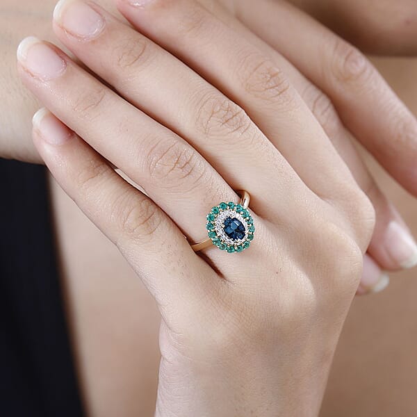 Shop Lc Luxoro AAA Monte Belo Indicolite Boyaca Colombian Emerald And G-H I2 Diamond 1.52 Ctw Floral Ring In 14K Yellow Gold 4 Grams