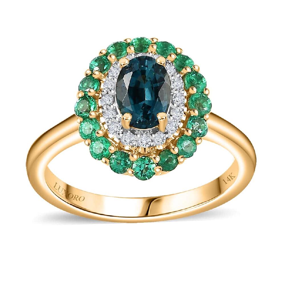 shop lc Luxoro AAA Monte Belo Indicolite Boyaca Colombian Emerald and G-H I2 Diamond 1.52 ctw Floral Ring in 14K Yellow Gold 4 Grams