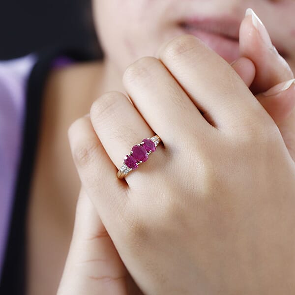 Shop Lc Luxoro AAA Montepuez Ruby And G-H I2 Diamond 2.30 Ctw Trilogy Ring In 14K Yellow Gold 4 Grams