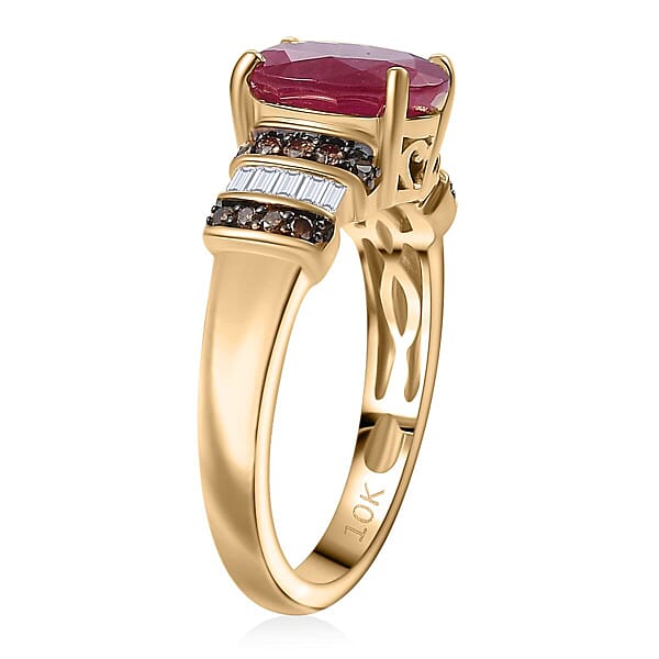 Shop Lc Luxoro AAA Montepuez Ruby And Natural Champagne And White Diamond I2 3.05 Ctw Heirloom Floral Blaze Ring In 10K Yellow Gold