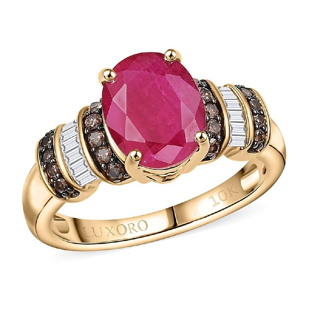 shop lc Luxoro AAA Montepuez Ruby and Natural Champagne and White Diamond I2 3.05 ctw Heirloom Floral Blaze Ring in 10K Yellow Gold