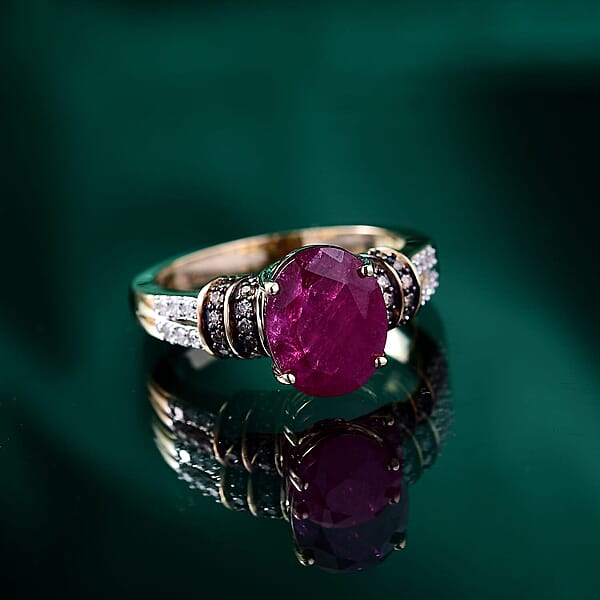 Shop Lc Luxoro AAA Montepuez Ruby Boyaca Colombian Emerald Natural Champagne And White Diamond I2 4.75 Ctw Crimson Luxe Ring In 10K Yellow Gold (Size 6.0)