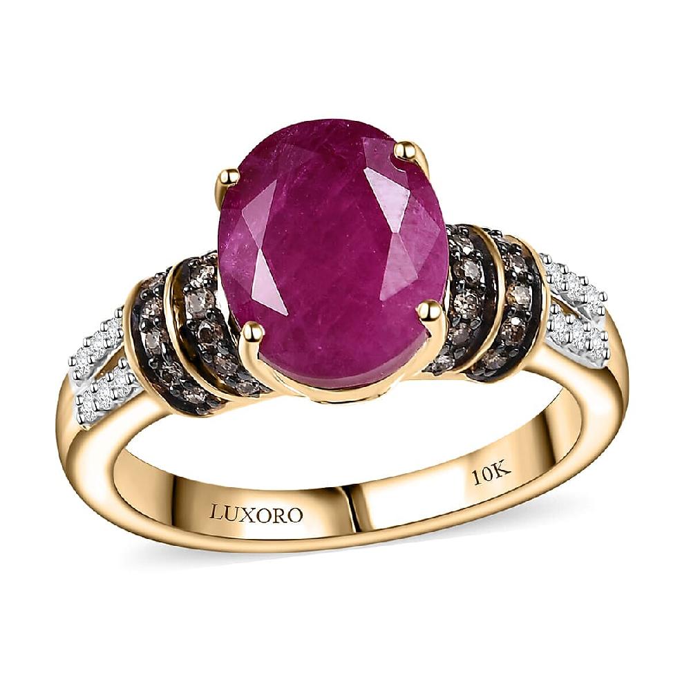 shop lc Luxoro AAA Montepuez Ruby Boyaca Colombian Emerald Natural Champagne and White Diamond I2 4.75 ctw Crimson Luxe Ring in 10K Yellow Gold (Size 6.0)