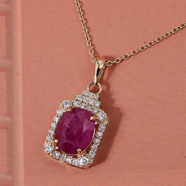 Shop Lc Luxoro AAA Montepuez Ruby Diamond Pendant Necklace In 10K Yellow Gold 3.30 Ctw (18 Inches)