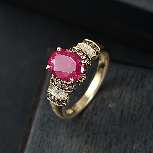 Shop Lc Luxoro AAA Montepuez Ruby Natural Champagne And White Diamond Ring In 10K Yellow Gold 3.05 Ctw