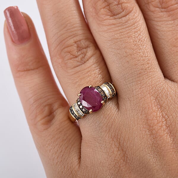 Shop Lc Luxoro AAA Montepuez Ruby Natural Champagne And White Diamond Ring In 10K Yellow Gold 3.05 Ctw