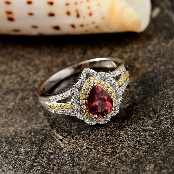 Shop Lc Luxoro AAA Morro Redondo Pink Tourmaline I2 Natural Yellow And White Diamond 1.70 Ctw Blushfire Ring In 10K White Gold 4.60 Grams (Del. In 10-12 Days)