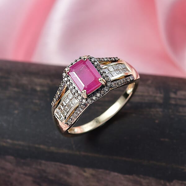 Shop Lc Luxoro AAA Mozambique Ruby Natural Champagne Diamond Bridge Ring In 10K Yellow Gold 2.00 Ctw