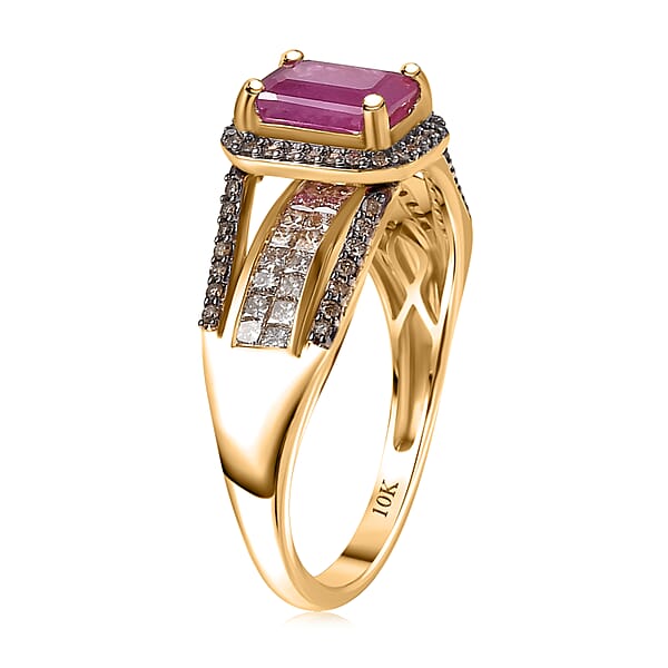 Shop Lc Luxoro AAA Mozambique Ruby Natural Champagne Diamond Bridge Ring In 10K Yellow Gold 2.00 Ctw