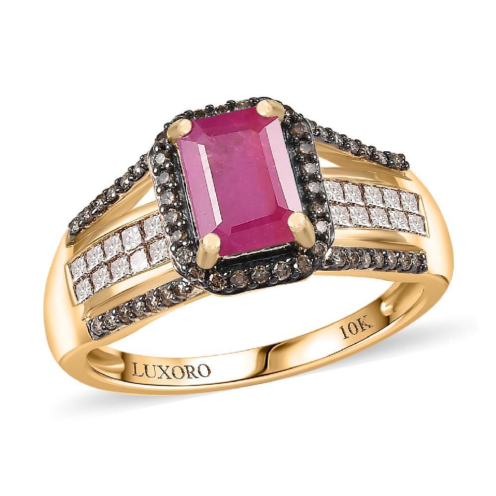 shop lc Luxoro AAA Mozambique Ruby Natural Champagne Diamond Bridge Ring in 10K Yellow Gold 2.00 ctw