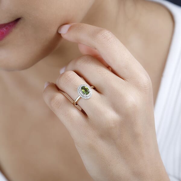 Shop Lc Luxoro AAA Natural Arikanga Green Tourmaline And G-H I2 Diamond 1.00 Ctw Double Halo Ring In 14K Green Gold