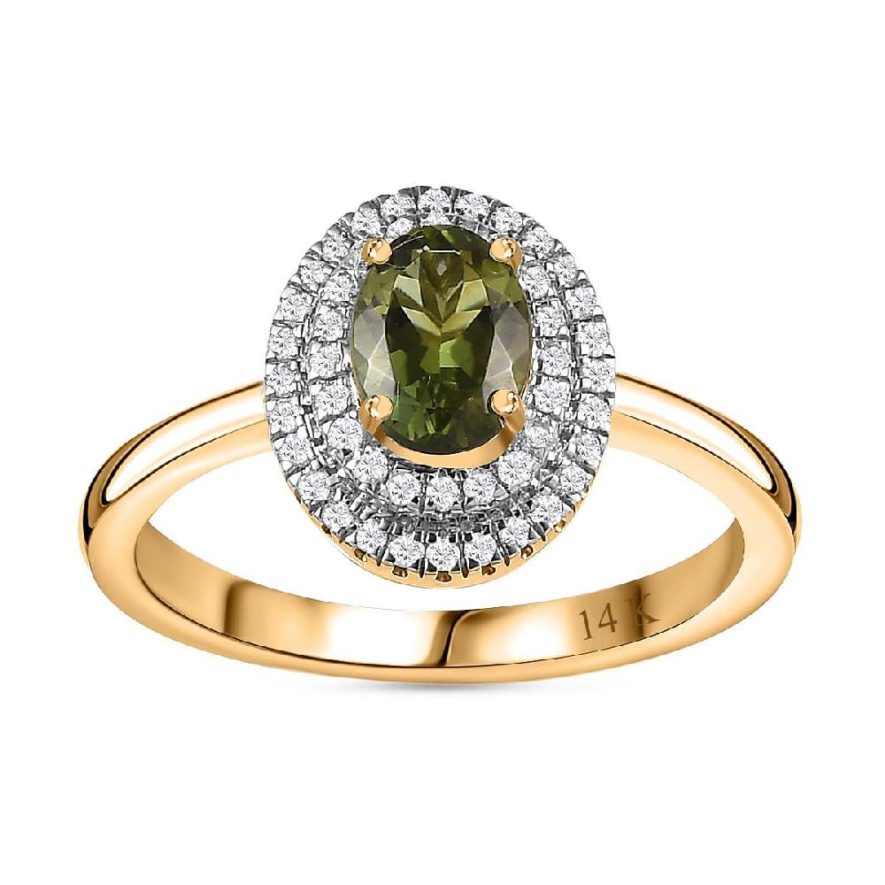 shop lc Luxoro AAA Natural Arikanga Green Tourmaline and G-H I2 Diamond 1.00 ctw Double Halo Ring in 14K Green Gold
