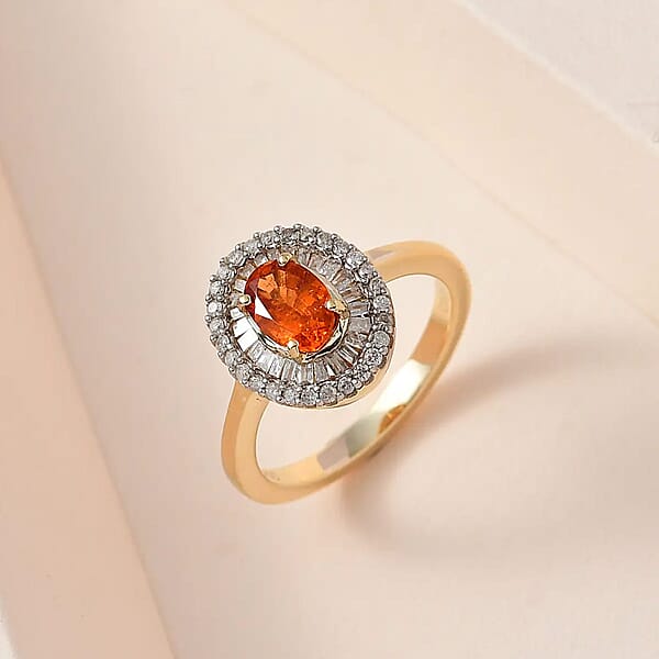 Shop Lc Luxoro AAA Nigerian Spessartite Garnet And Diamond 1.55 Ctw Double Halo Ring In 10K Yellow Gold