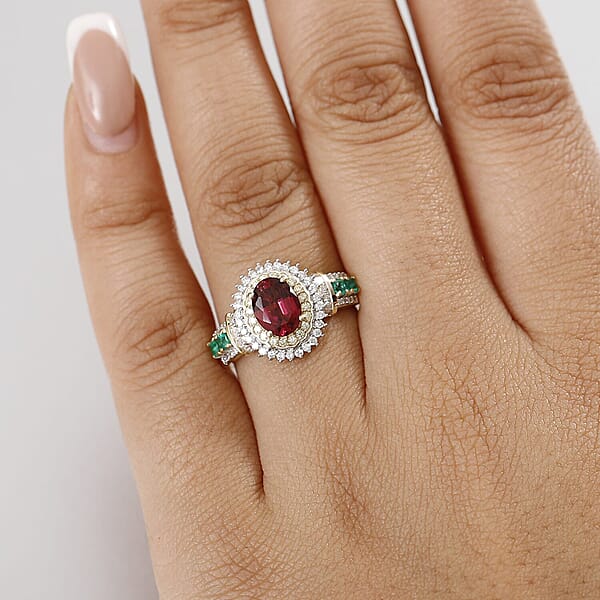 Shop Lc Luxoro AAA Ouro Fino Rubellite Colombian Emerald I2 Natural Yellow And White Diamond 2.20 Ctw Regal Bloom Ring In 10K Yellow Gold