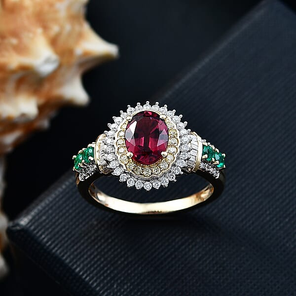 Shop Lc Luxoro AAA Ouro Fino Rubellite Colombian Emerald I2 Natural Yellow And White Diamond 2.20 Ctw Regal Bloom Ring In 10K Yellow Gold