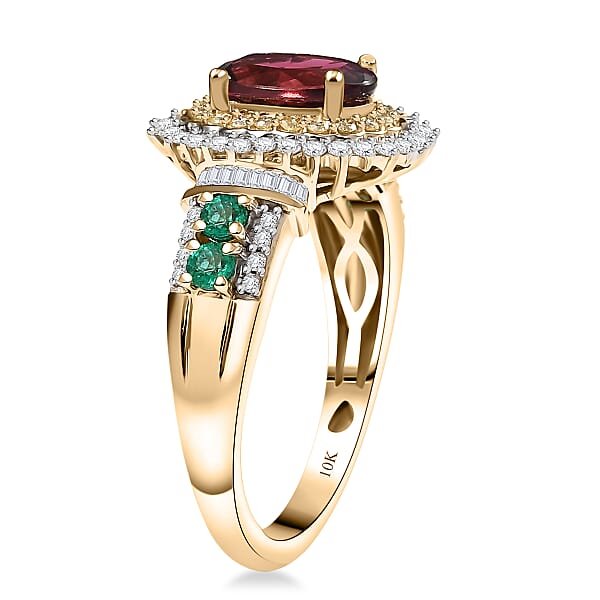 Shop Lc Luxoro AAA Ouro Fino Rubellite Colombian Emerald I2 Natural Yellow And White Diamond 2.20 Ctw Regal Bloom Ring In 10K Yellow Gold