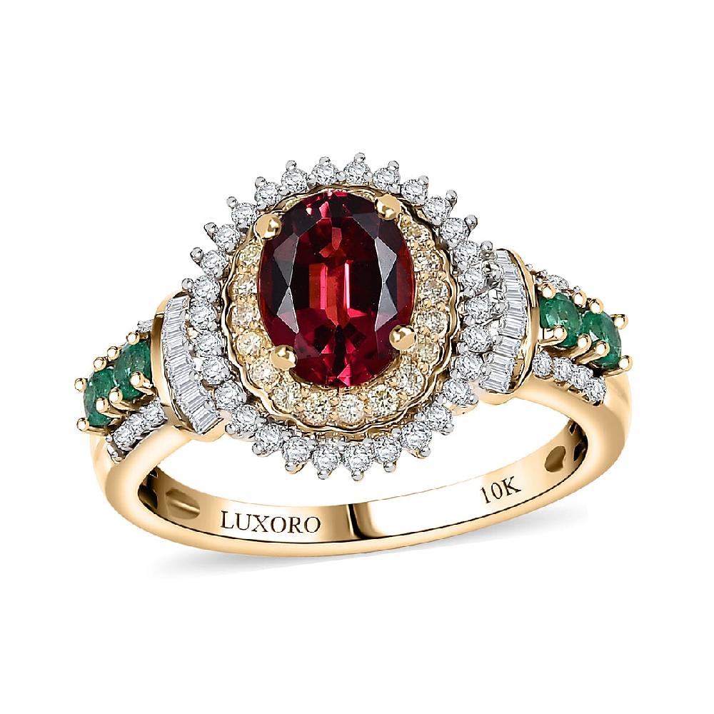 shop lc Luxoro AAA Ouro Fino Rubellite Colombian Emerald I2 Natural Yellow and White Diamond 2.20 ctw Regal Bloom Ring in 10K Yellow Gold