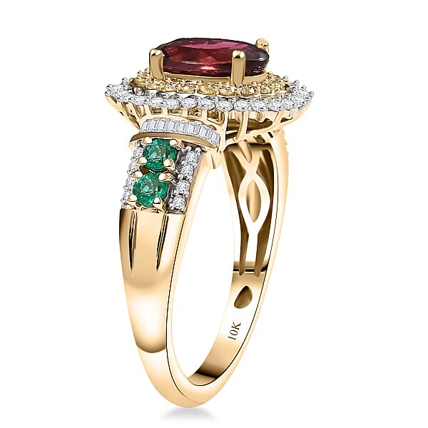 Shop Lc Luxoro AAA Ouro Fino Rubellite Colombian Emerald I2 Natural Yellow And White Diamond 2.20 Ctw Regal Bloom Ring In 10K Yellow Gold