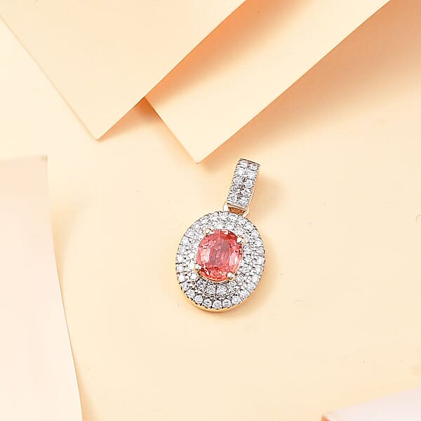 Shop Lc Luxoro AAA Padparadscha Sapphire (BT) And G-H I2 Diamond 1.40 Ctw Double Halo Pendant Without Chain In 14K Yellow Gold