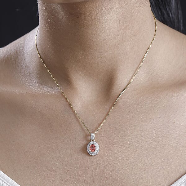 Shop Lc Luxoro AAA Padparadscha Sapphire (BT) And G-H I2 Diamond 1.40 Ctw Double Halo Pendant Without Chain In 14K Yellow Gold