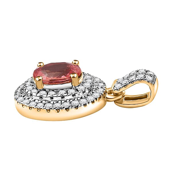 Shop Lc Luxoro AAA Padparadscha Sapphire (BT) And G-H I2 Diamond 1.40 Ctw Double Halo Pendant Without Chain In 14K Yellow Gold