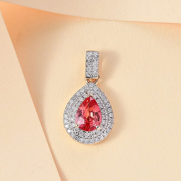 Shop Lc Luxoro AAA Padparadscha Sapphire (BT) And G-H I2 Diamond 1.40 Ctw Double Halo Pendant Without Chain In 14K Yellow Gold