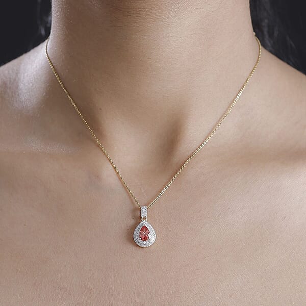 Shop Lc Luxoro AAA Padparadscha Sapphire (BT) And G-H I2 Diamond 1.40 Ctw Double Halo Pendant Without Chain In 14K Yellow Gold