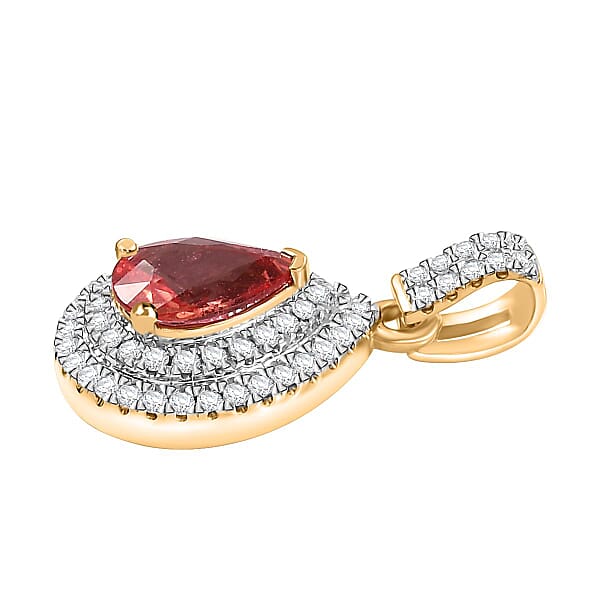 Shop Lc Luxoro AAA Padparadscha Sapphire (BT) And G-H I2 Diamond 1.40 Ctw Double Halo Pendant Without Chain In 14K Yellow Gold