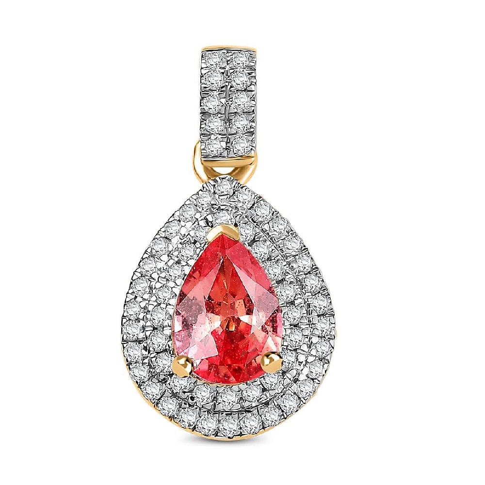 shop lc Luxoro AAA Padparadscha Sapphire (BT) and G-H I2 Diamond 1.40 ctw Double Halo Pendant without Chain in 14K Yellow Gold