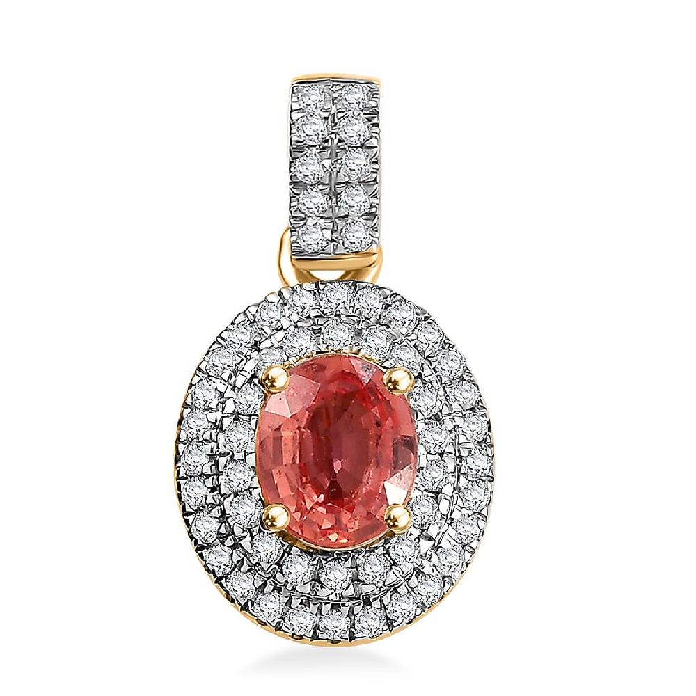 shop lc Luxoro AAA Padparadscha Sapphire (BT) and G-H I2 Diamond 1.40 ctw Double Halo Pendant without Chain in 14K Yellow Gold