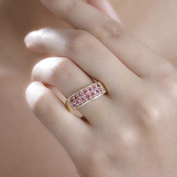 Shop Lc Luxoro AAA Padparadscha Spinel Diamond Double Row Ring In 10K Yellow Gold 1.40 Ctw