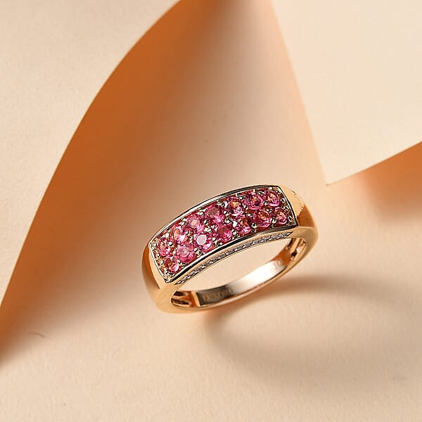 Shop Lc Luxoro AAA Padparadscha Spinel Diamond Double Row Ring In 10K Yellow Gold 1.40 Ctw