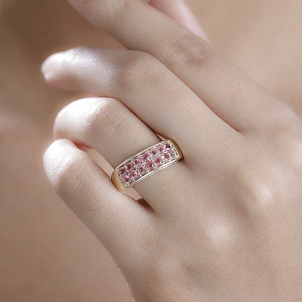 Shop Lc Luxoro AAA Padparadscha Spinel Diamond Double Row Ring In 10K Yellow Gold 1.40 Ctw