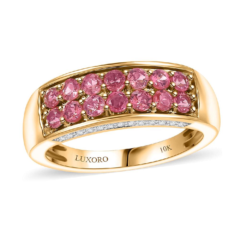 shop lc Luxoro AAA Padparadscha Spinel Diamond Double Row Ring in 10K Yellow Gold 1.40 ctw